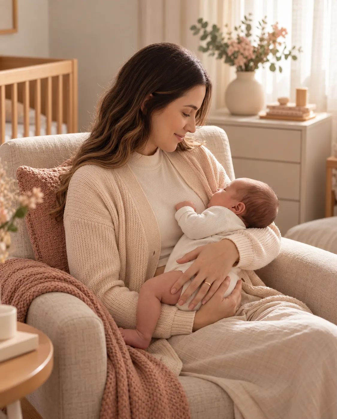 Mãe amamentando o bebê recém-nascido numa poltrona, num quarto claro e aconchegante