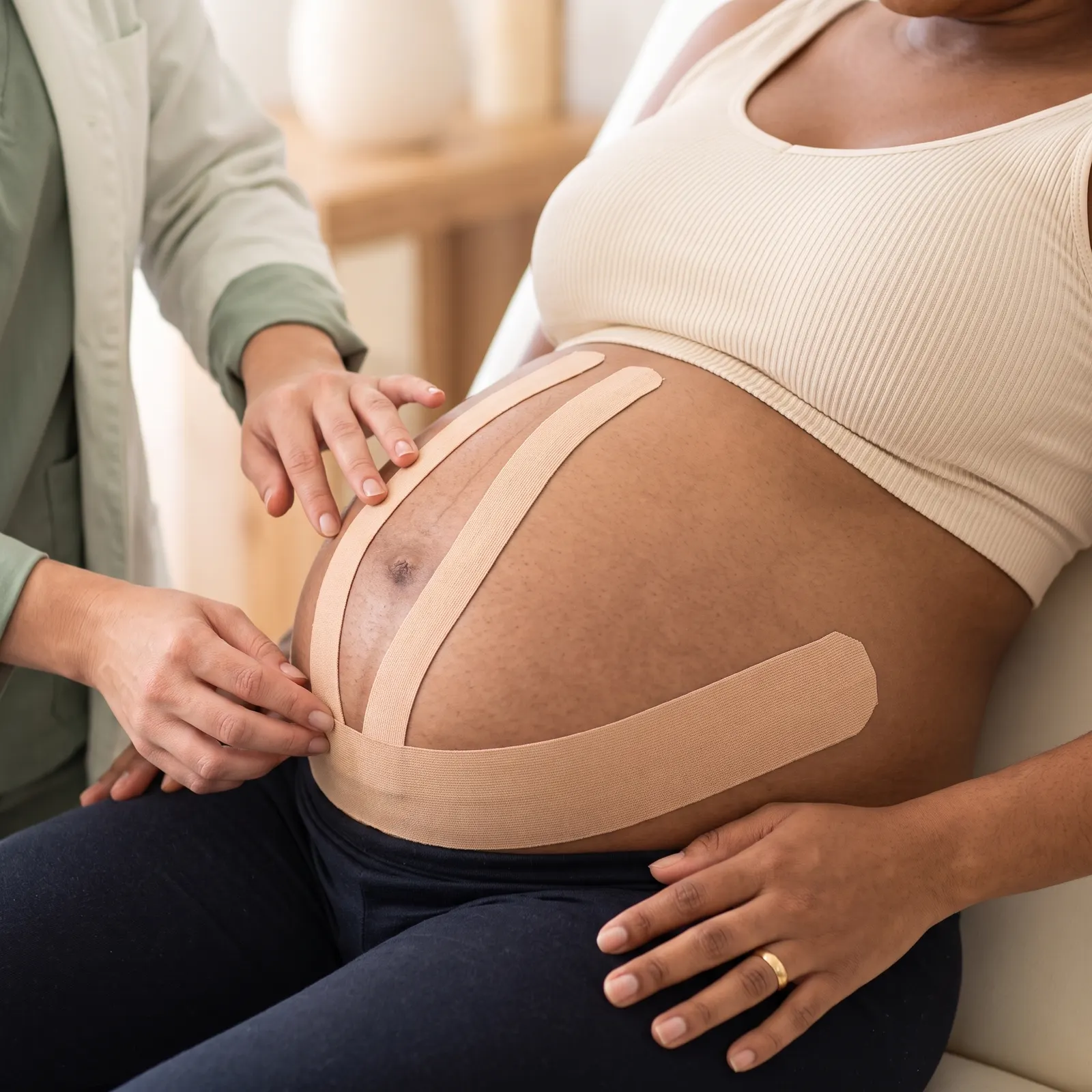 Barriga de gestante com fitas de taping cor da pele aplicadas para dar suporte